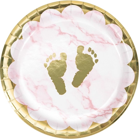 Pink Marble Baby Shower Footprints Dessert Plates, 7, 96PK
